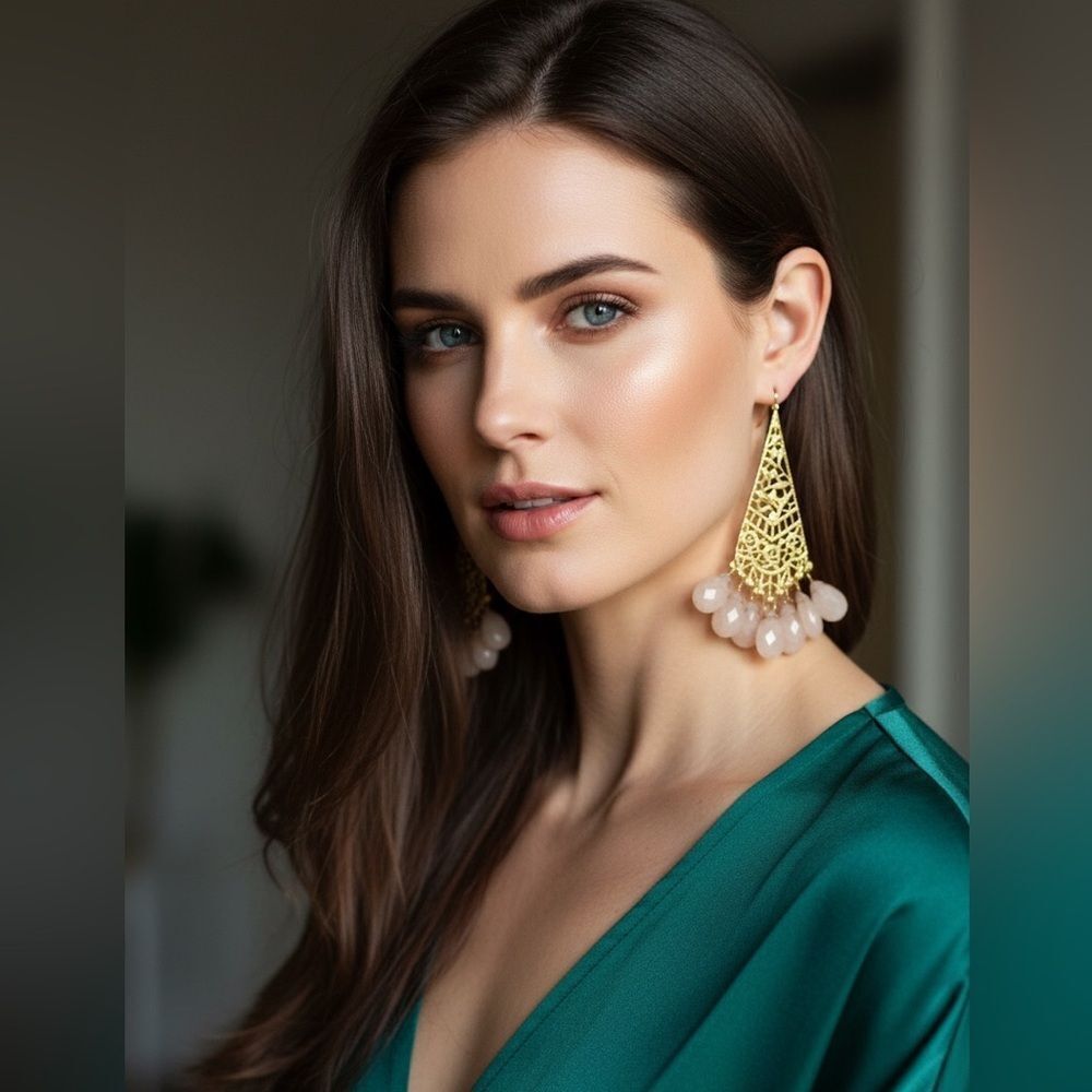 Gold Plated Filigree Teardrop Earrings, Blush Gemstones